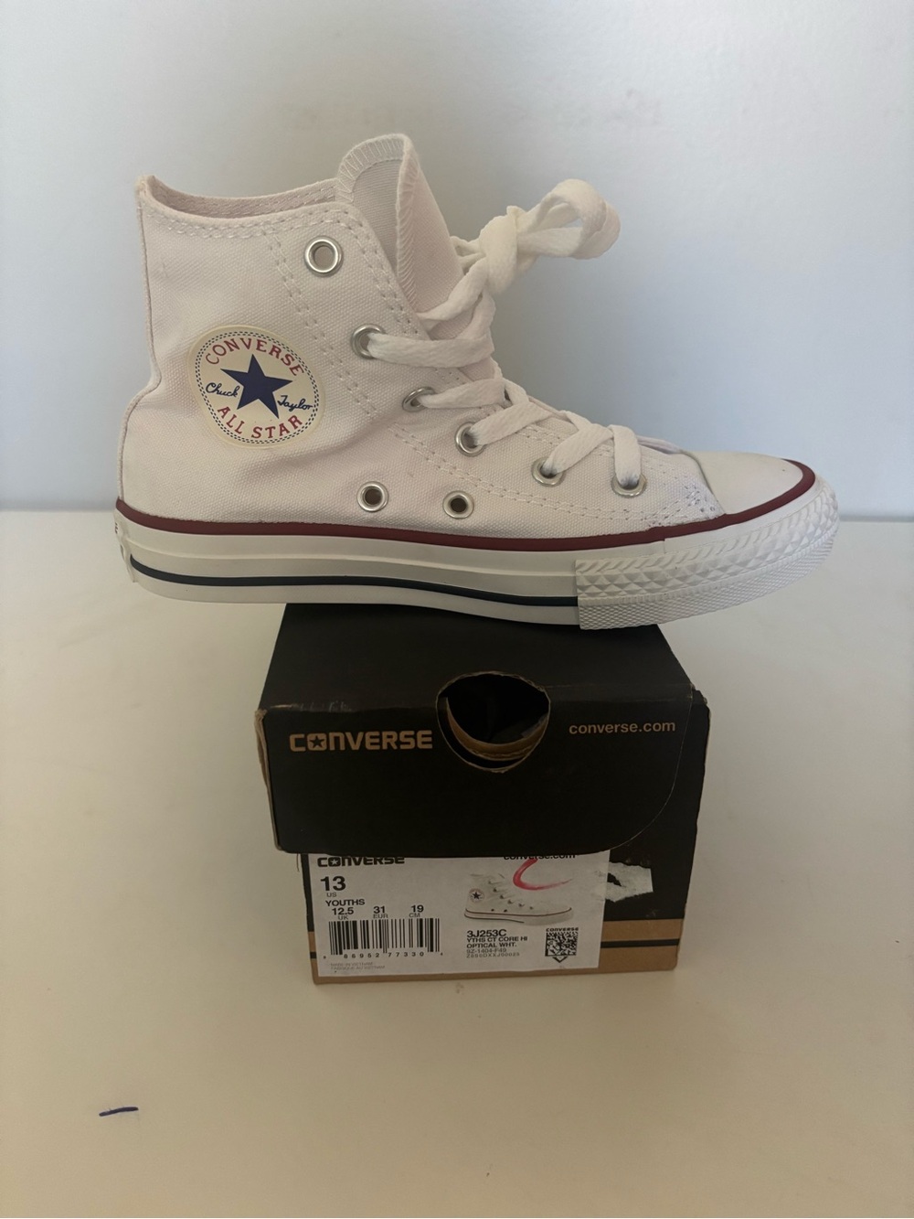 Converse Kids High Top Sneakers - White with Maroon Stripe